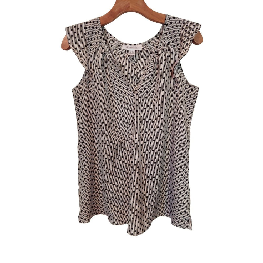 Motherhood Maternity XS Blouse Black White Polka Dot Stripe Flutter Sleeve Top